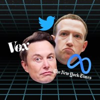 Elon Musk and Mark Zuckerberg's faces with the words The New York Times and Vox, alongside Twitter and Meta's logos.