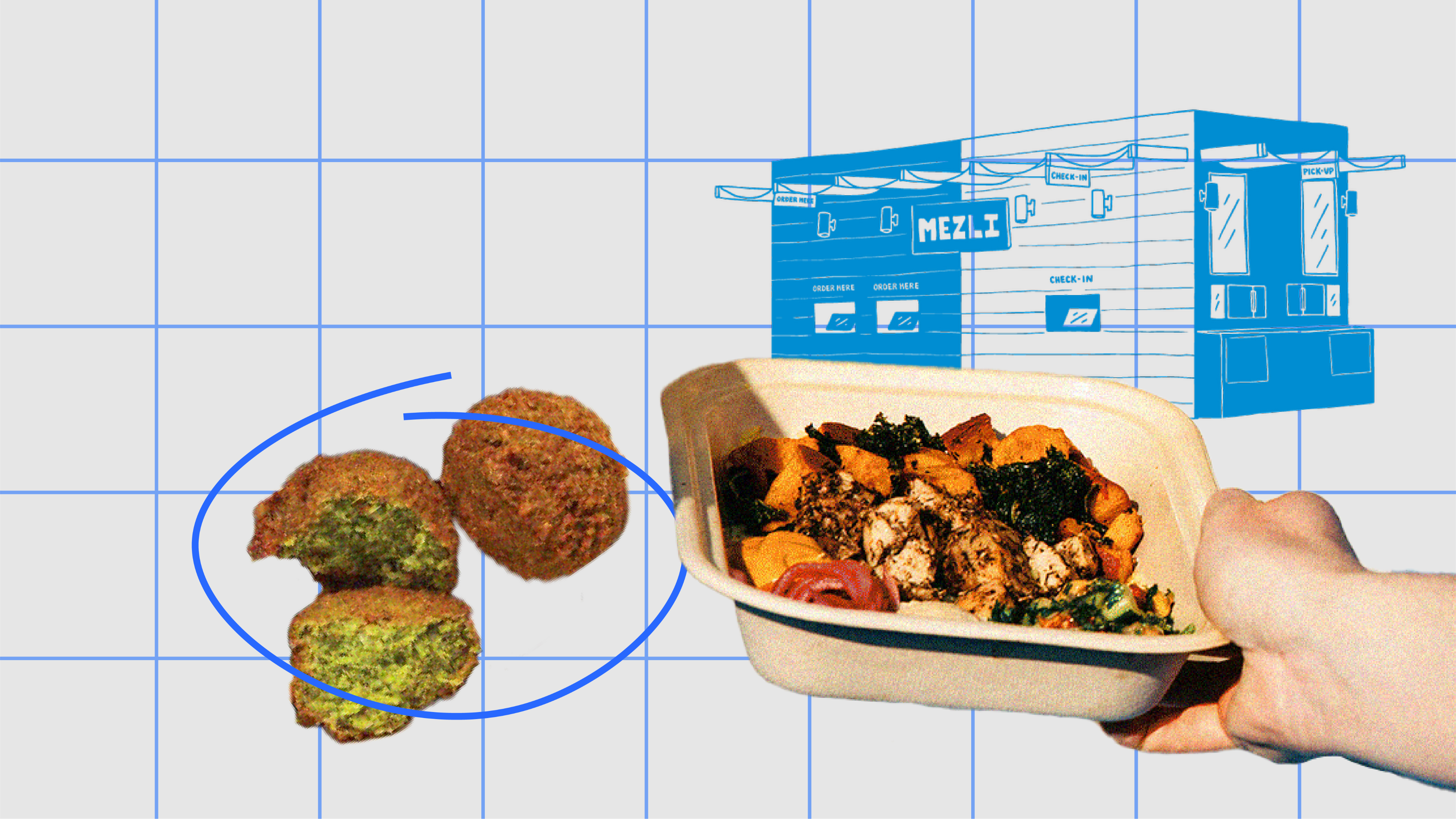 A hand holding a container with food in it.