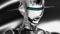 A black and white image of a robot with blue eyes and AI capabilities.