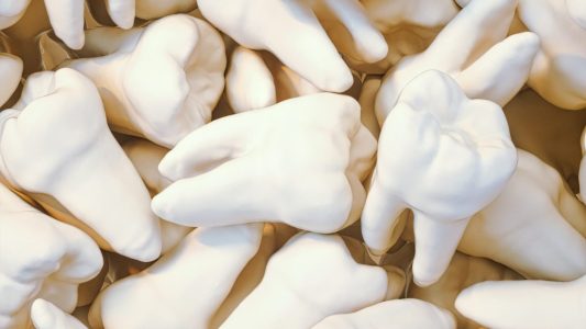 A close up of a pile of white teeth.