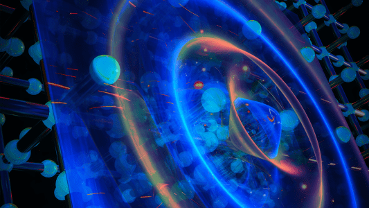 An abstract image of a blue circle with blue dots representing particles