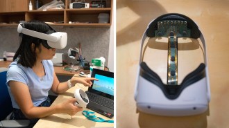 Two pictures of a woman using a modified VR headset.