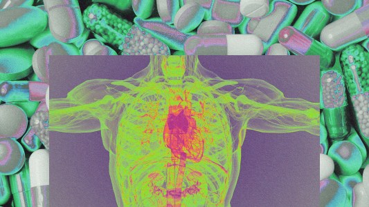 An x-ray of a human body on top of a background of pills