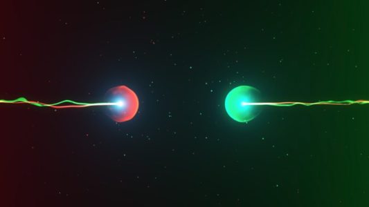 Two green and red lasers in space.