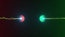 Two green and red lasers in space.