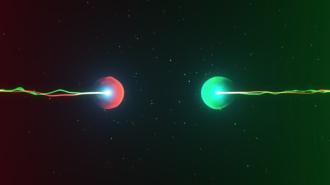 Two green and red lasers in space.