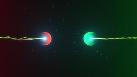 Two green and red lasers in space.