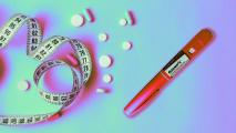 Pills, a measuring tape, and a pen used for administering GLP-1 agonists on a colorful background
