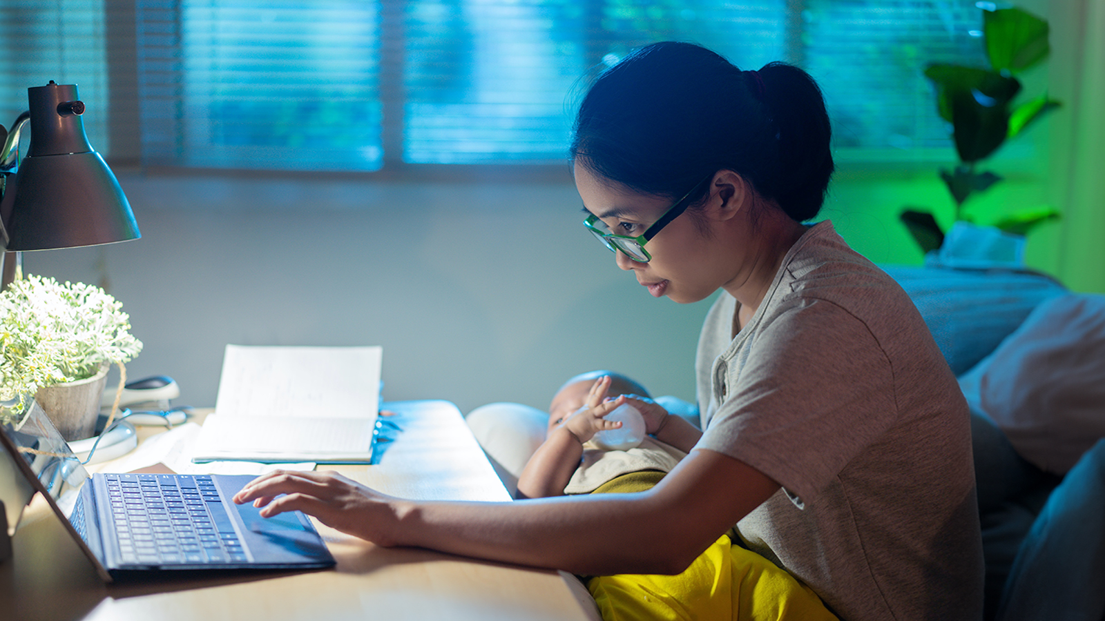 A woman working on a laptop during different life stages.