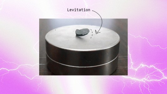 A metal container labeled with "levitation" using room-temperature superconductors.