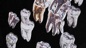 A group of teeth floating in the air on a black background, emphasizing teeth whitening.