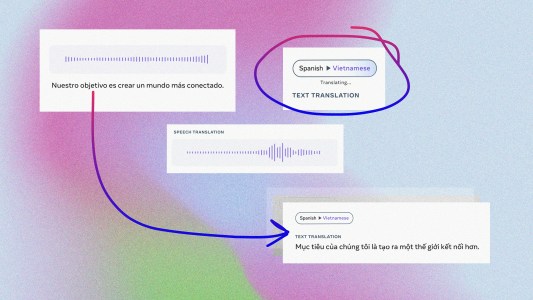 phrases written in one language with arrows connecting them to their translated counterparts