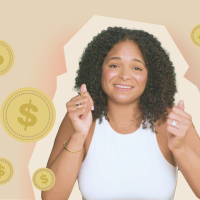 A woman with curly hair is holding up a dollar sign.