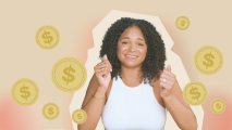 A woman with curly hair is holding up a dollar sign.