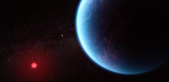 An artist's impression of a planet and a red star.