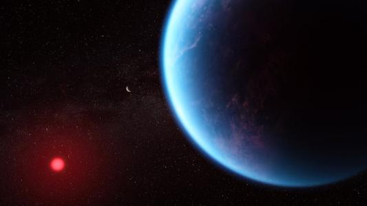 An artist's impression of a planet and a red star.