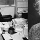 A photo of albert einstein and a photo of his desk.
