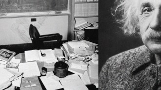 A photo of albert einstein and a photo of his desk.