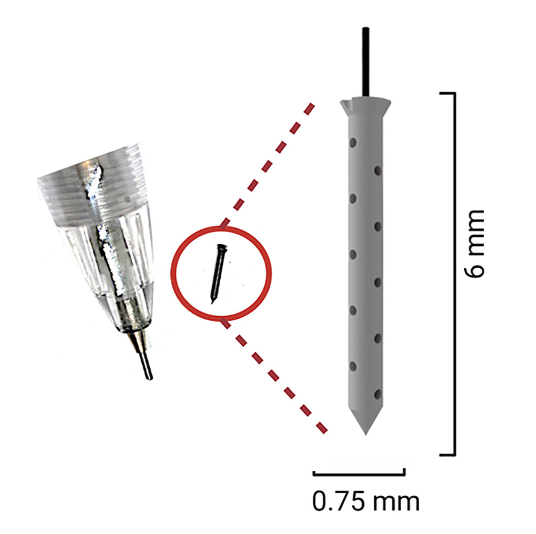 An illustration of the microdevice compared to the tip of a mechanical pencil