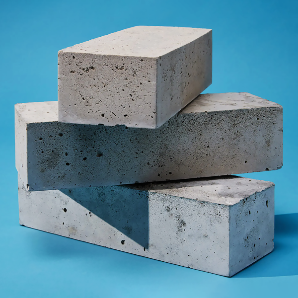 a stack of three blocks made from low-carbon cement on a blue background
