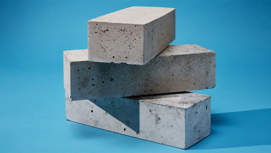 a stack of three blocks made from low-carbon cement on a blue background
