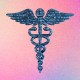 A medical caduceus symbol filled in with computer code on a colorful background