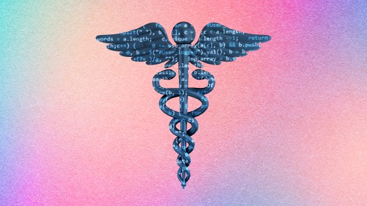 A medical caduceus symbol filled in with computer code on a colorful background