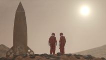 Two astronauts looking at a spacecraft in the desert.