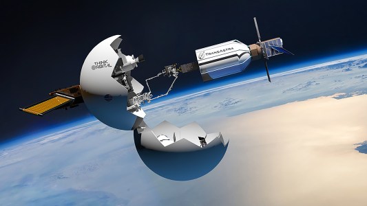 An artist's rendering of a space station equipped with a bag for capturing space trash