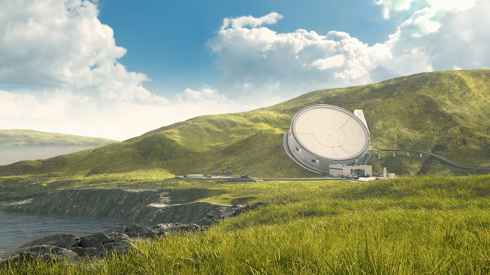 An image of a large antenna on a grassy hill used by SpinLaunch.