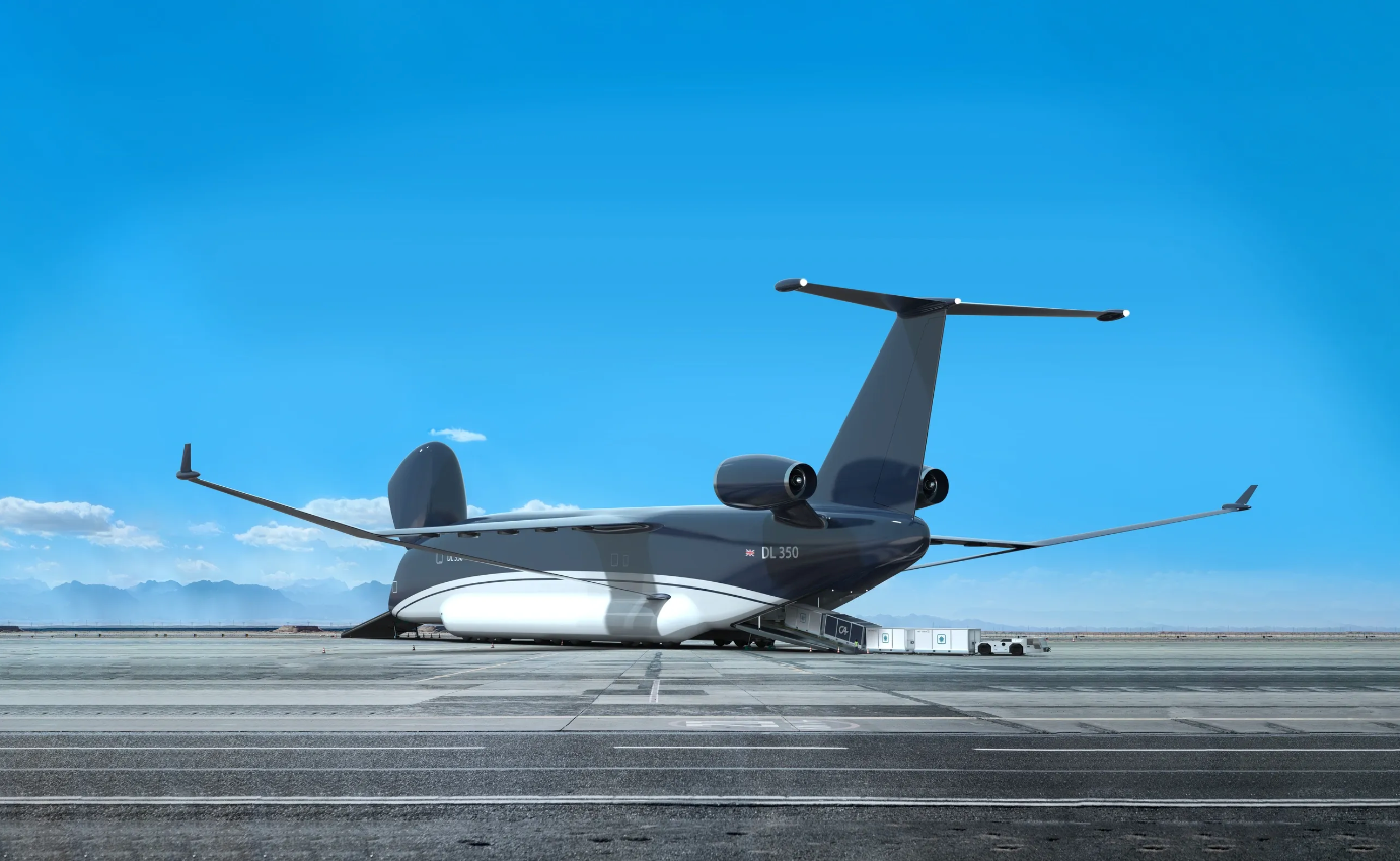 A render of Droneliner's autonomous cargo plane being loaded/unloaded from the front and back 