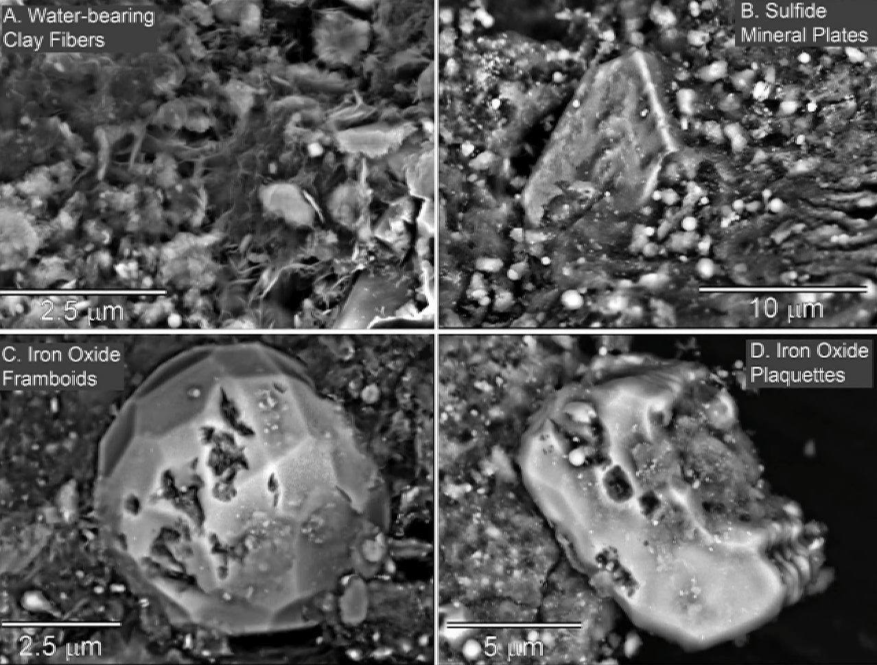four electron microscope images of the Bennu asteroid sample.