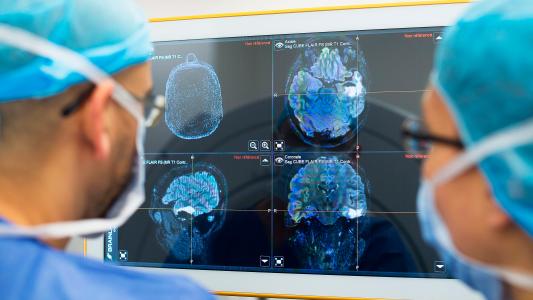 Surgeons analyzing brain images on a computer screen