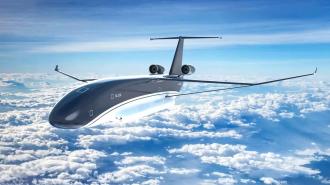 An autonomous cargo plane flying through the clouds.