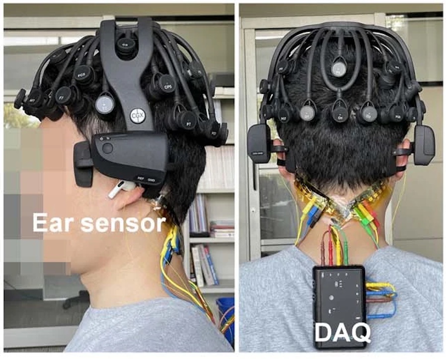 a person wearing the experimental setup of the health monitoring device, including the EEG headset used for data comparison.