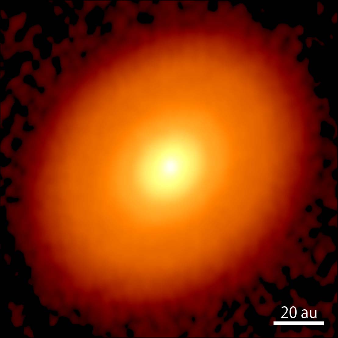 An image of an orange star with a smooth protoplanetary disk.