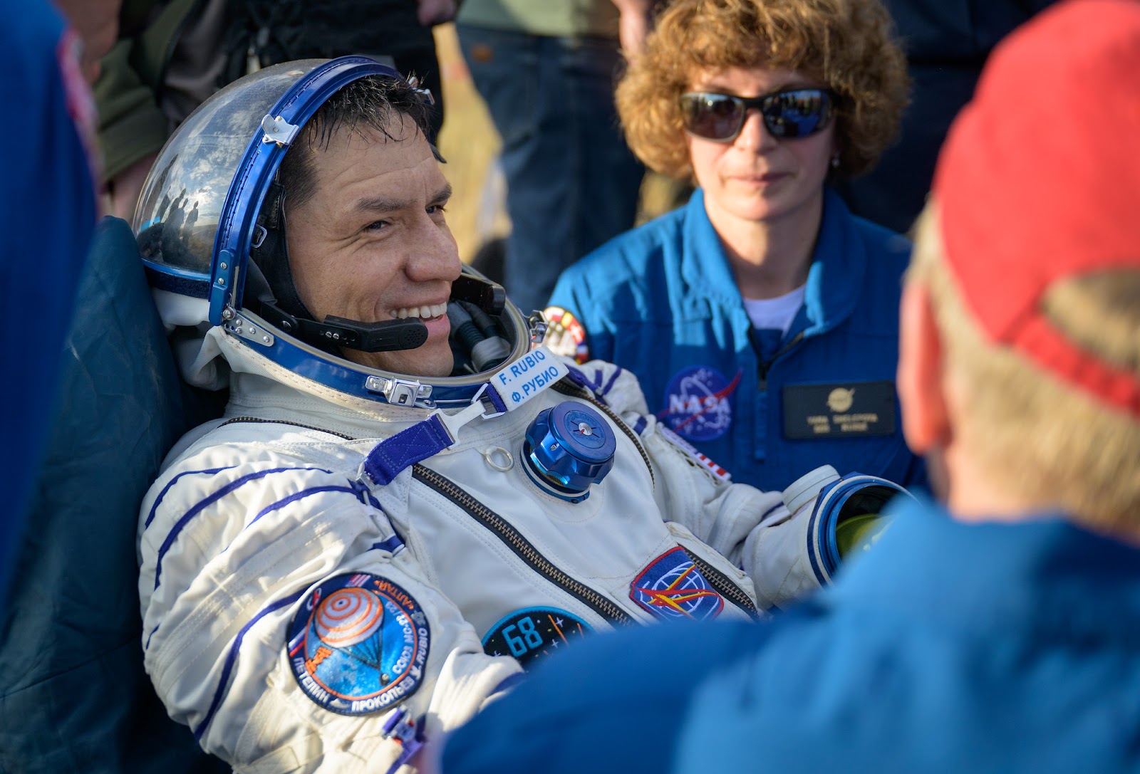 NASA astronaut Frank Rubio moments after leaving the Soyuz capsule that brought him home to Earth
