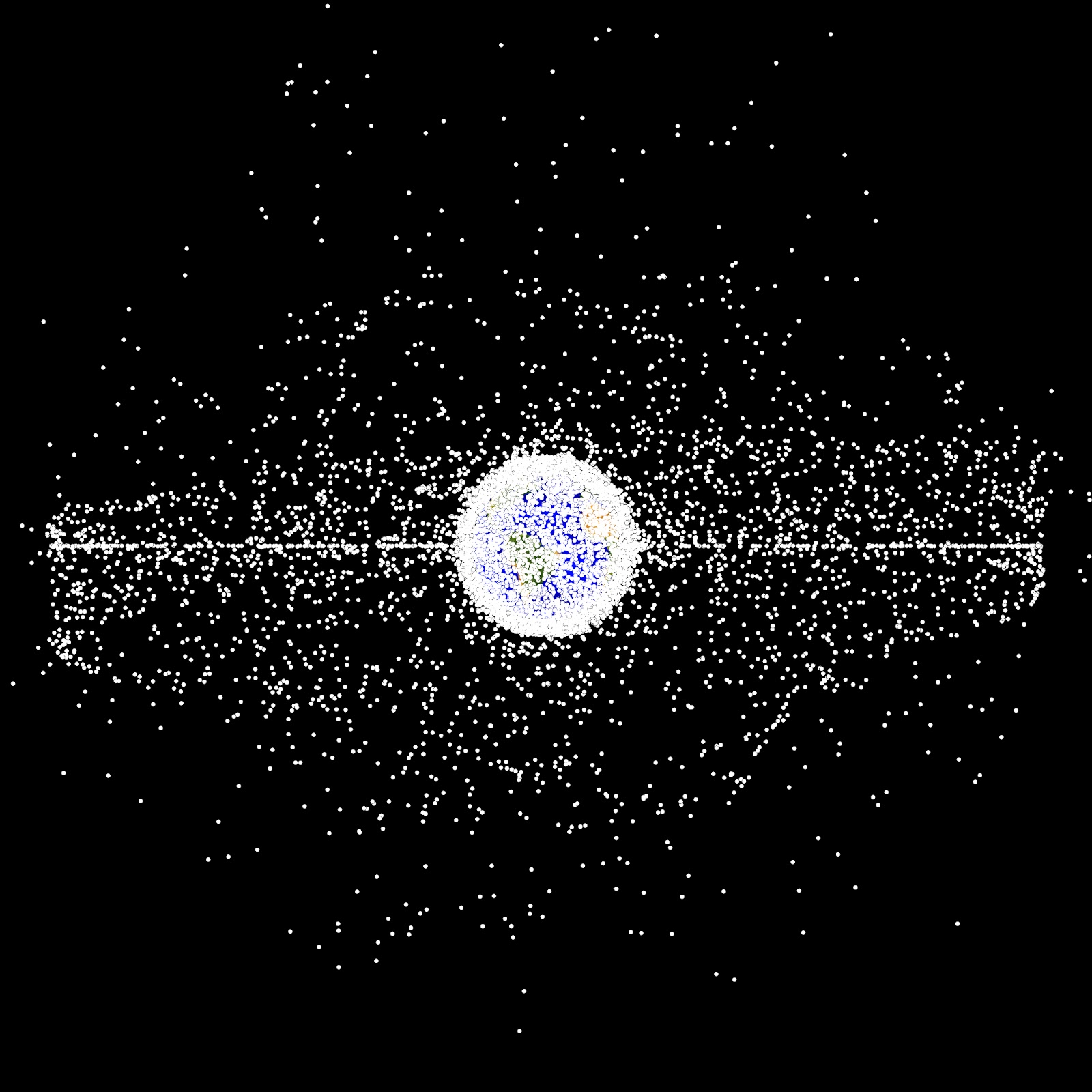 A diagram of the Earth with dots signifying bits of space debris around it