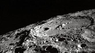 A black and white image of the moon captured by Chandrayaan-3.