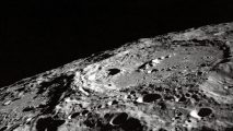 A black and white image of the moon captured by Chandrayaan-3.