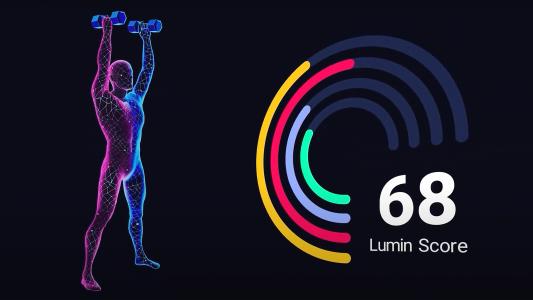 a graphic of a person lifting weights, alongside with a fitness score they'd receive at Lumin's smart gym