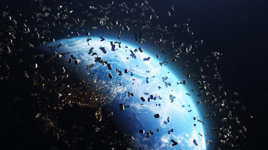 an illustration of the Earth surrounded by space junk