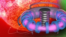 An artist's rendering of an electric motor with a sun in the background harnessing fusion power.