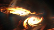 An image of a black hole exhibiting wave-particle duality with two spirals in it.