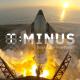 the T-Minus logo overtop an image of SpaceX's Starship rocket taking off with