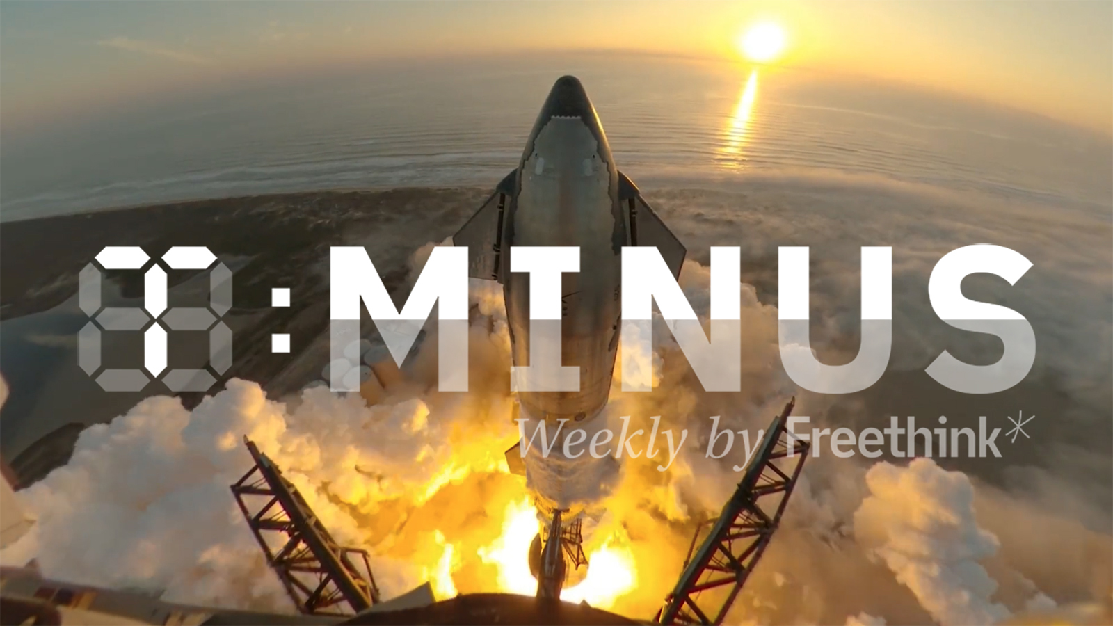 the T-Minus logo overtop an image of SpaceX's Starship rocket taking off with