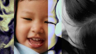 A collage of a brain scan and a photo of a woman whispering to a baby with a smile on his face.