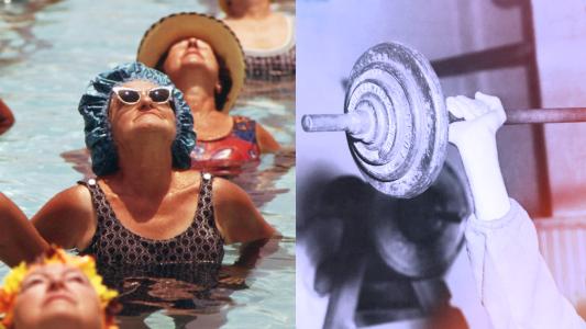 A collage featuring a group of women doing water aerobics and an arm holding up a barbell.