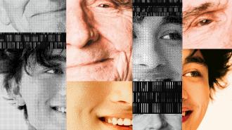 A collage of people's faces and genome sequences.