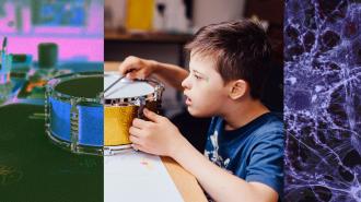 A picture of a boy playing a drum and reactive neurons in the brain.